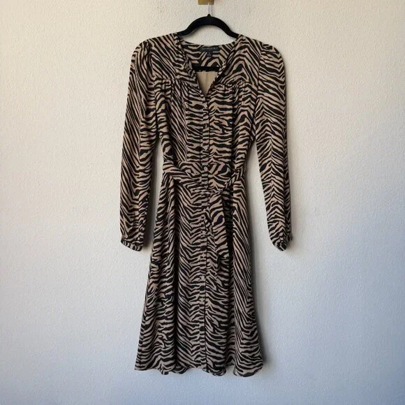 Banana Republic Tan Black Tiger Print Long Sleeve Dress Size 0 - Picture 2 of 4